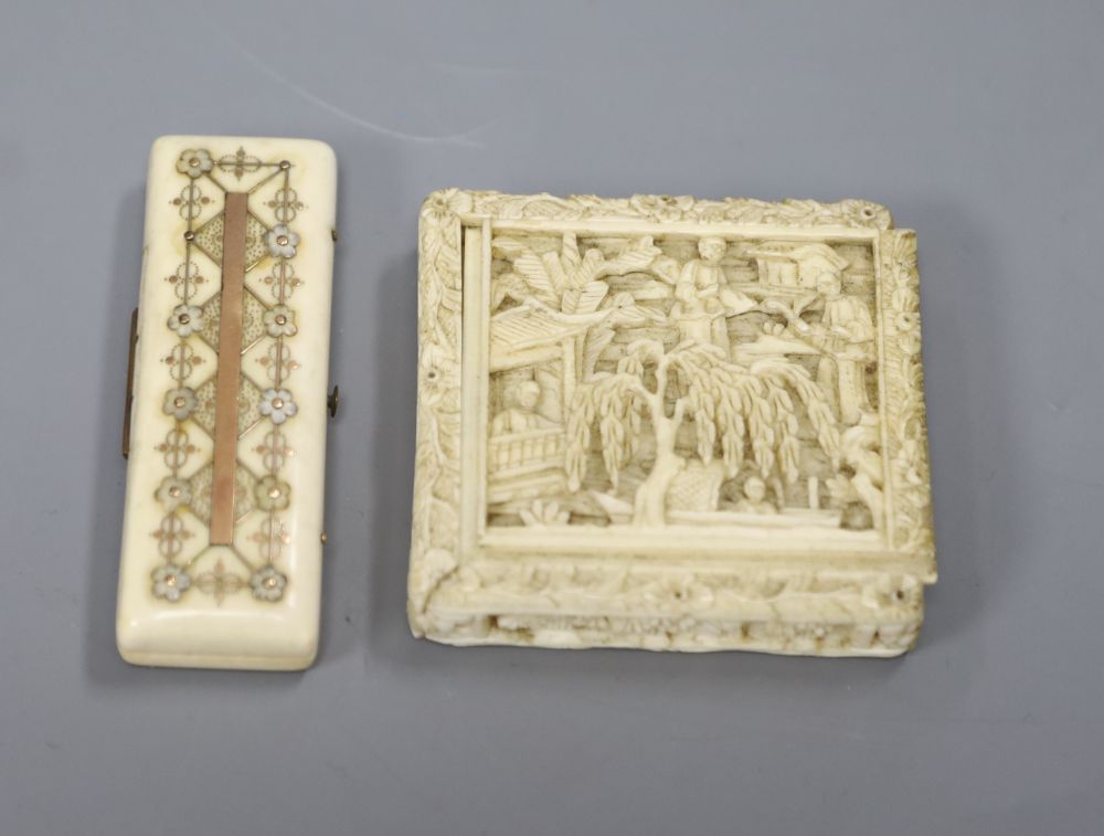 A 19th century Chinese ivory puzzle box and an early 19th century gold pique ivory toothpick box (2, faults)